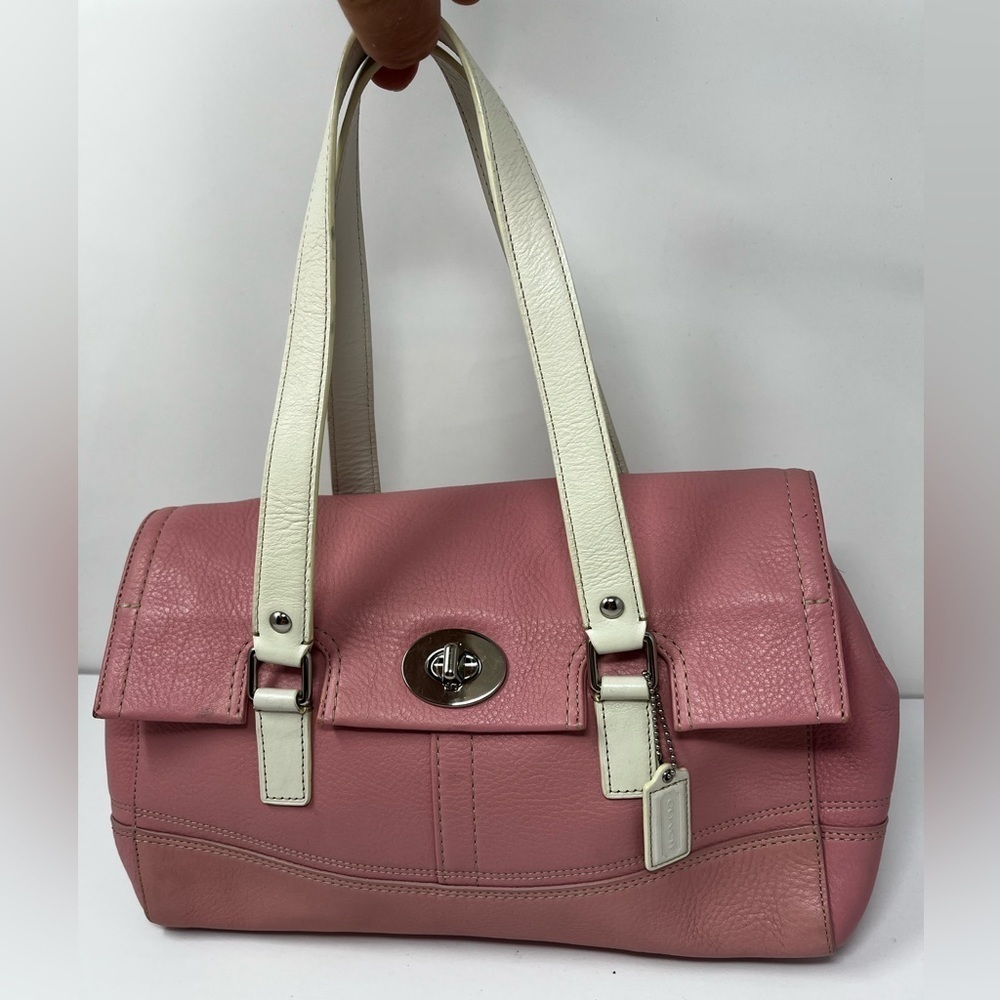 Coach Hamilton Pebbled Leather Purse pink with white handle